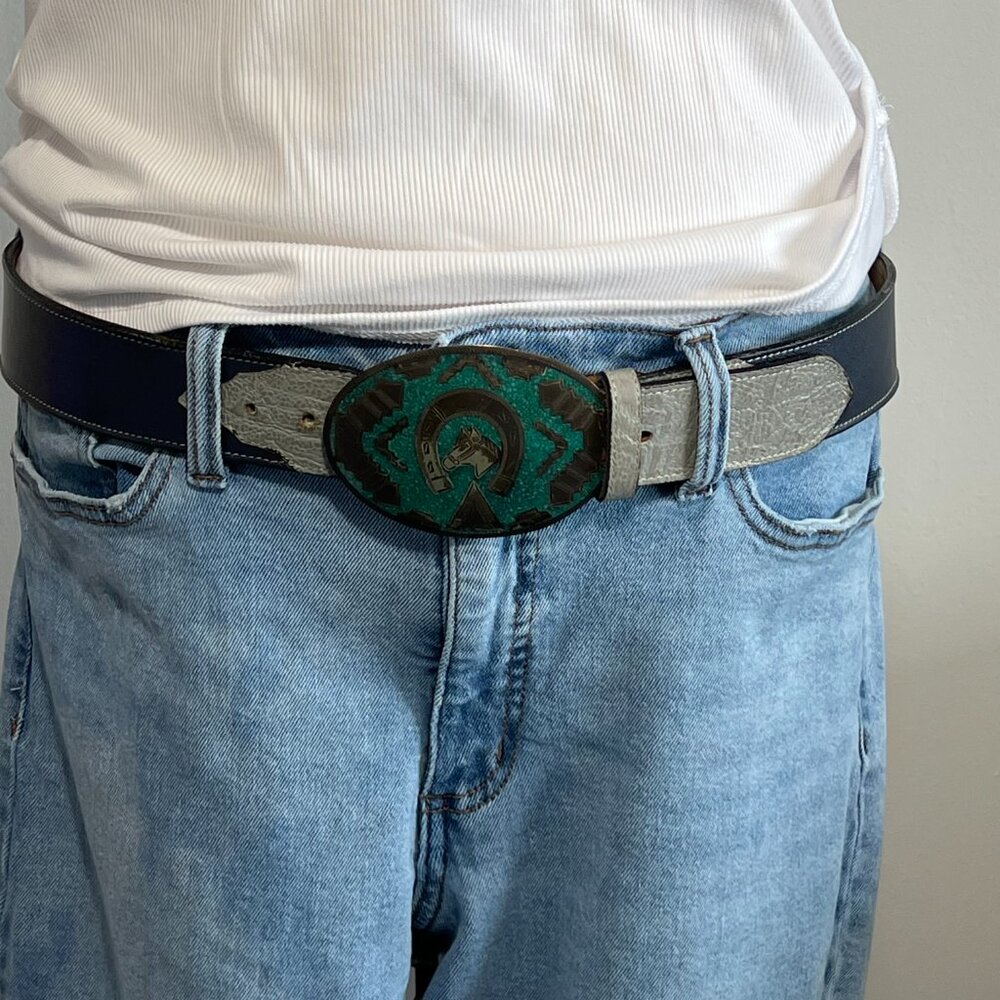 Vintage Al Paca belt buckle w/Vintage Tony Lama Belt Crushed turquoise inlay - Picture 2 of 11
